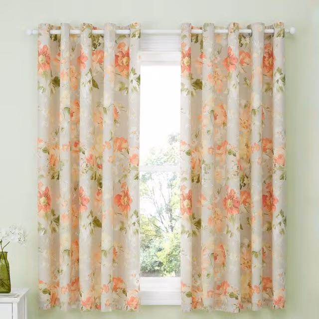 Dreams & Drapes Heritage Florette Eyelet Curtains, Natural Floral Design, 2 Lined Panels