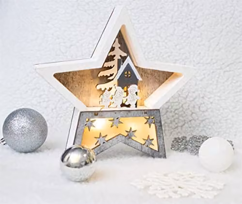 St Helens Home & Garden Battery Powered Wooden Light Up Christmas Star in White and Brown – 1