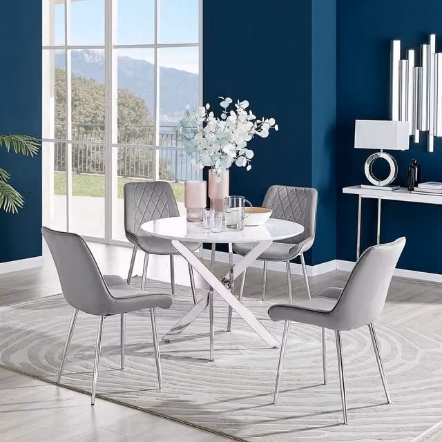 FurnitureboxUK Novara White High Gloss Round Dining Table with 4 Pesaro Silver Grey Chairs