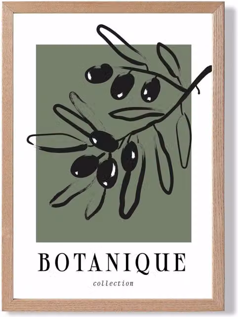 ARTZE Green and Black Olive Boho Sketch Floral Framed Print with Oak Frame – 1