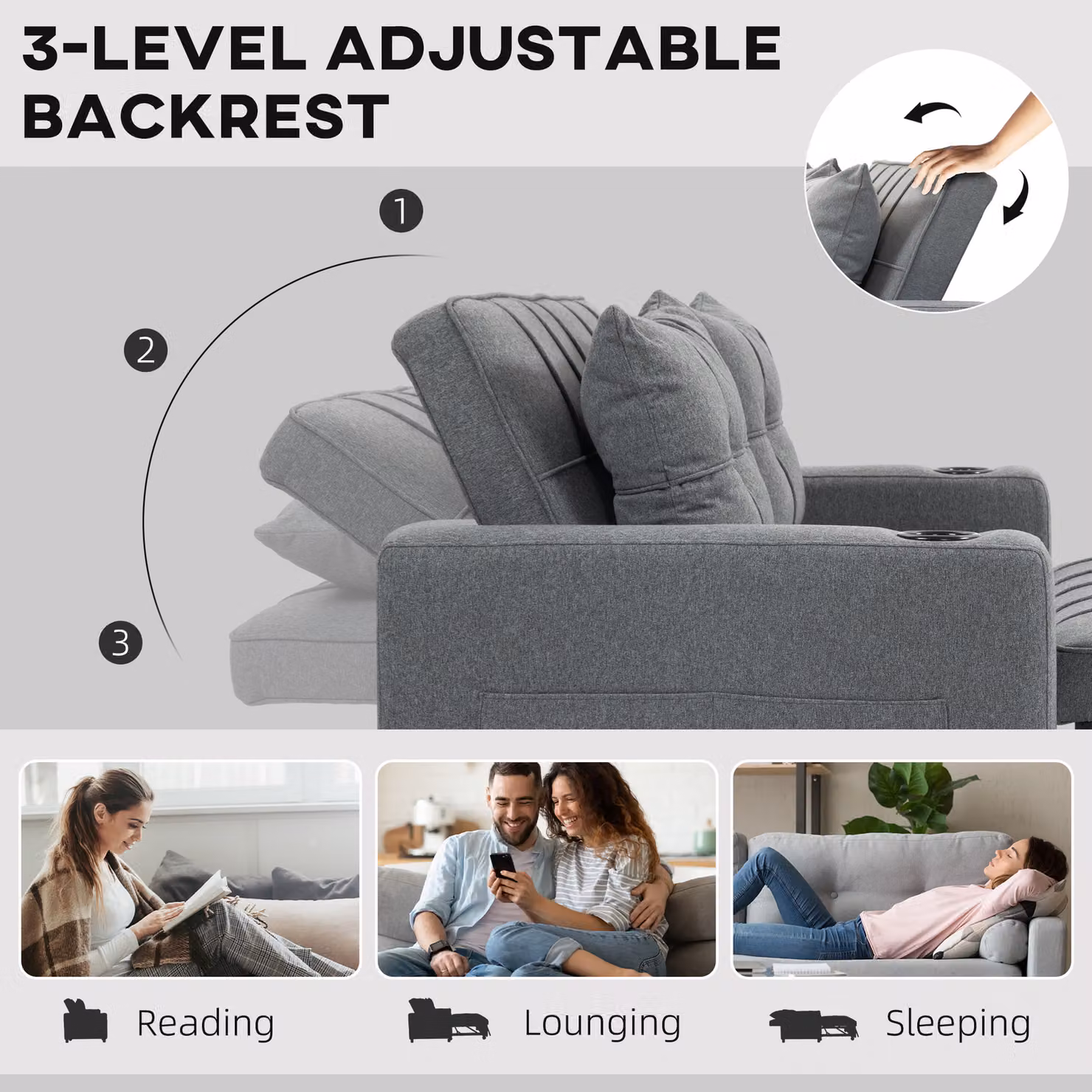 HOMCOM Two-Seater Click-Clack Pull-Out Sofa Bed in Grey with Metal Frame and Cup Holders – 4