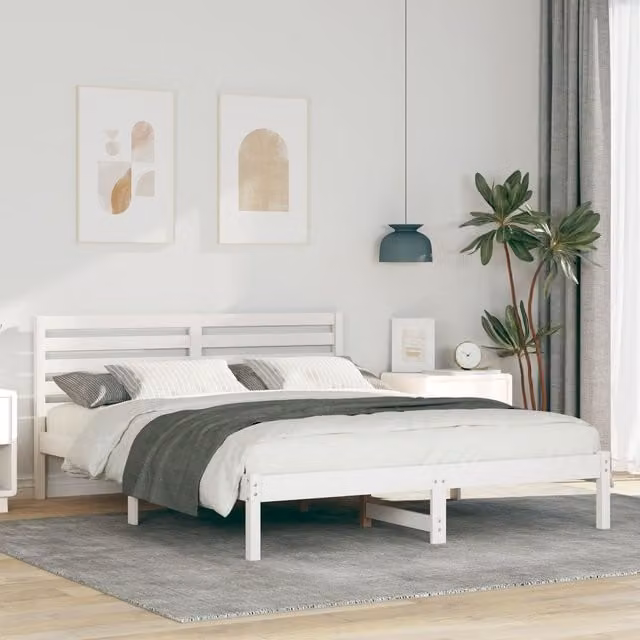 Berkfield Home White Solid Pine Wood Bed Frame with Headboard W/D/H: 150 x 200 x 80.5 cm – 1