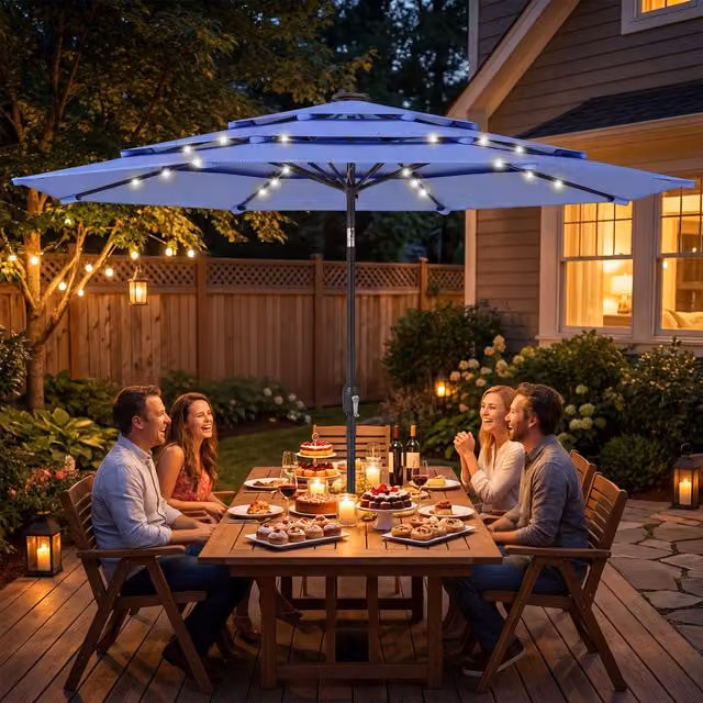 Outsunny Blue Garden Parasol Umbrella with Light and Cover, Diameter: 280 cm