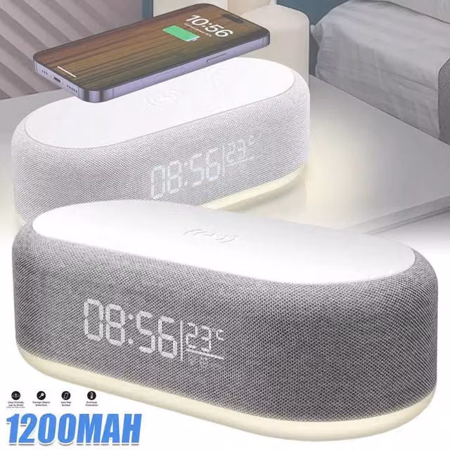 FLAVORA 6-in-1 Wireless Charging Alarm Clock in Grey