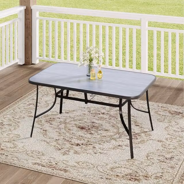 Komore Modern Rectangular Black Garden Table with Tempered Glass Top and Metal Four-Leg Base