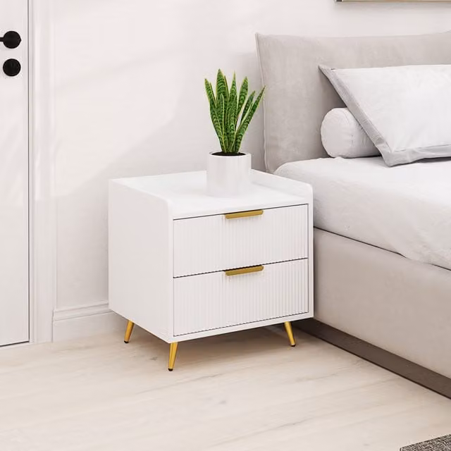 HOMCOM Modern White and Gold Bedside Table with Striped Drawers