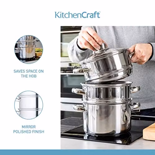 KitchenCraft Stainless Steel Three Tier Steamer Pot with Glass Lid, Silver – 3