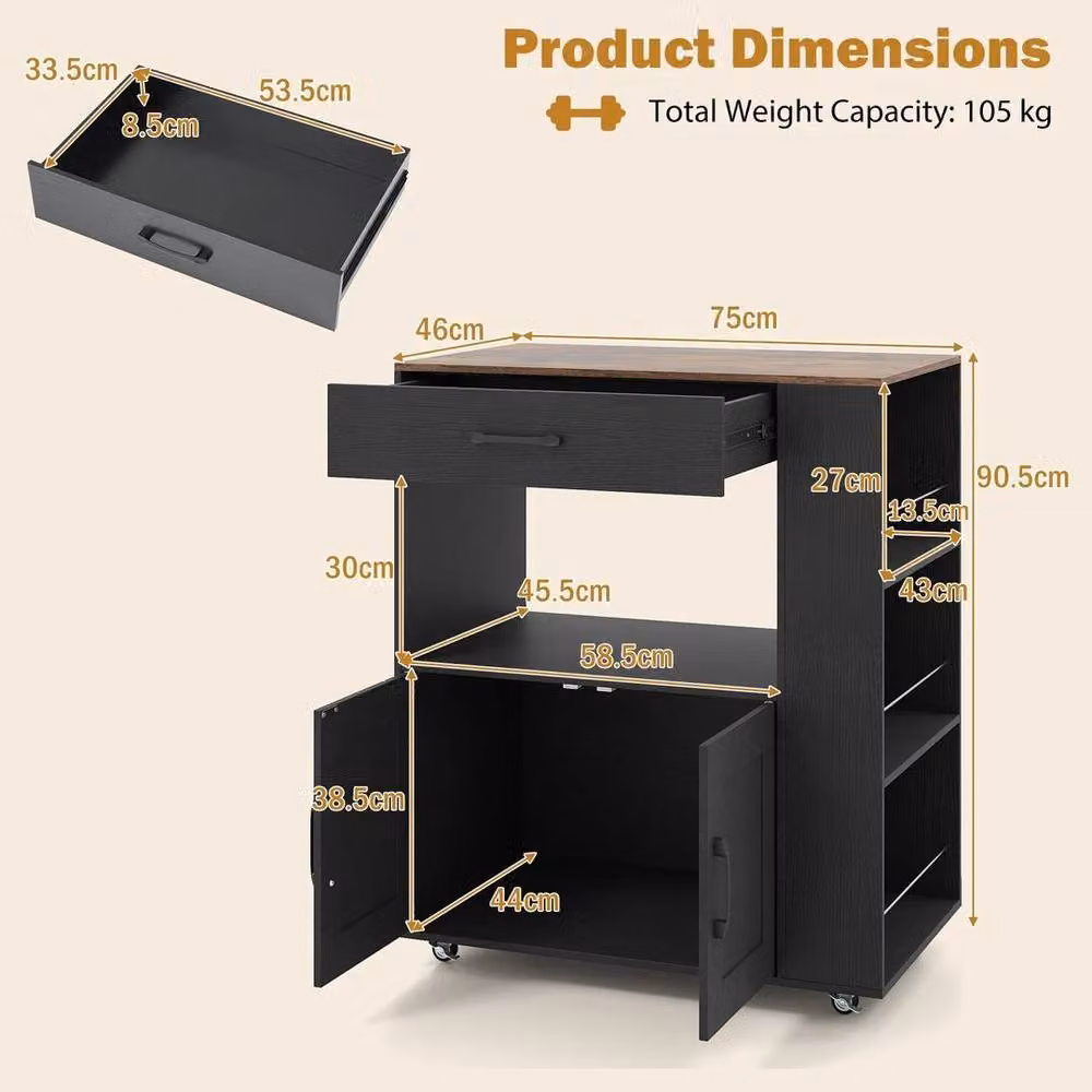 SPETLEK Black Rolling Kitchen Island with Large Drawer and Matt MDF Finish – 2