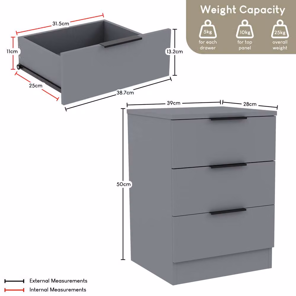 Vida Designs Trega 3 Drawer Bedside Chest in Grey – 2
