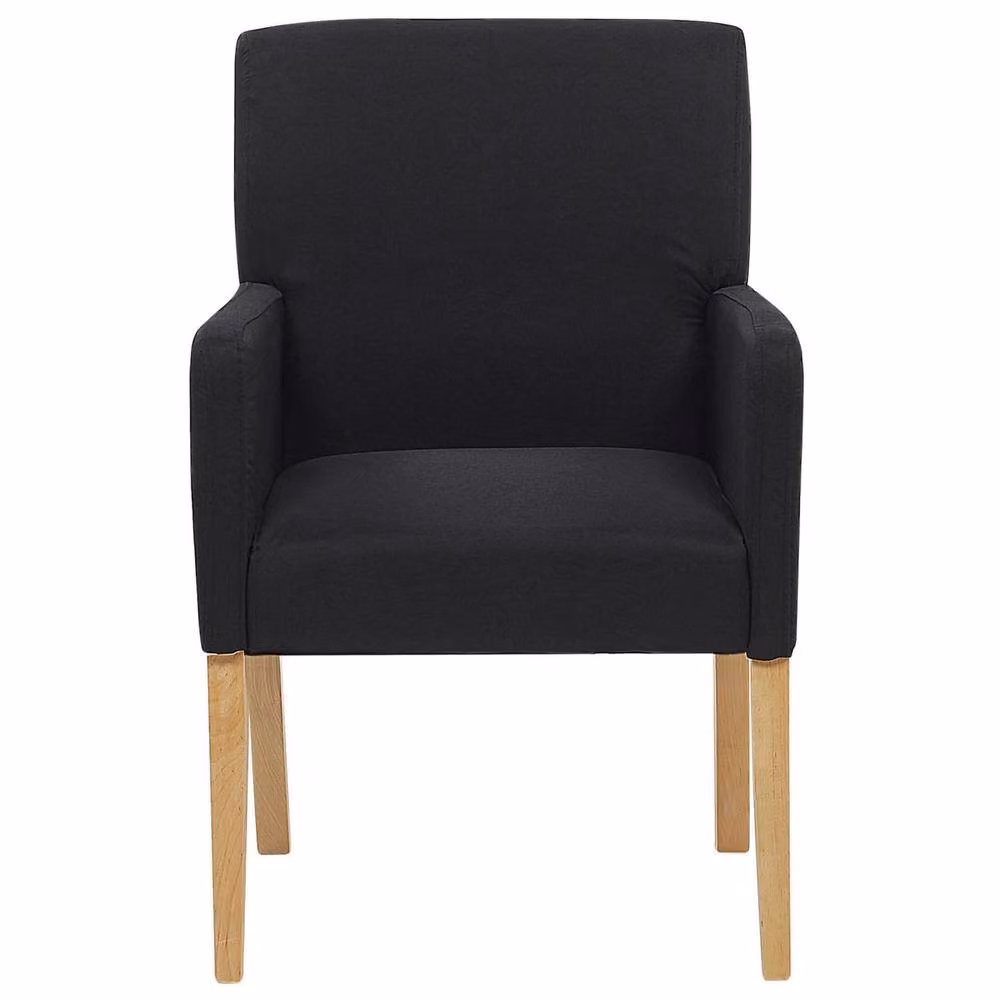 Wyld and Coco Black Fabric Dining Chair with Armrests and Rubberwood Legs – 4