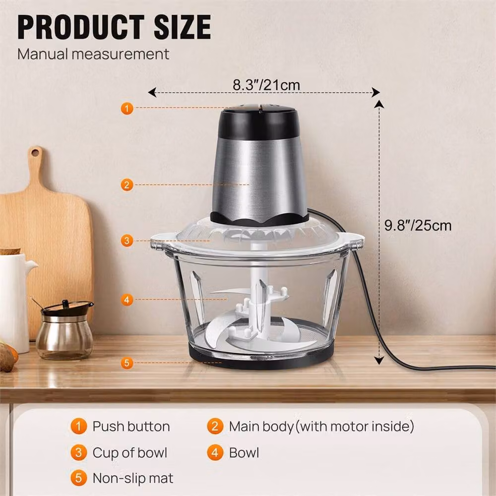 Nordara 2-Speed Electric Mini Food Chopper with 2000ml Glass Bowl in Silver – 2