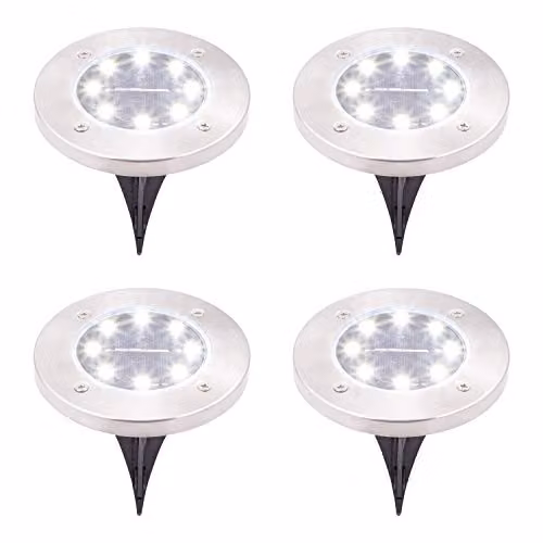 GardenKraft Stainless Steel Solar LED Ground Lights, 4 Pack, IP67 Waterproof, White/Silver – 1