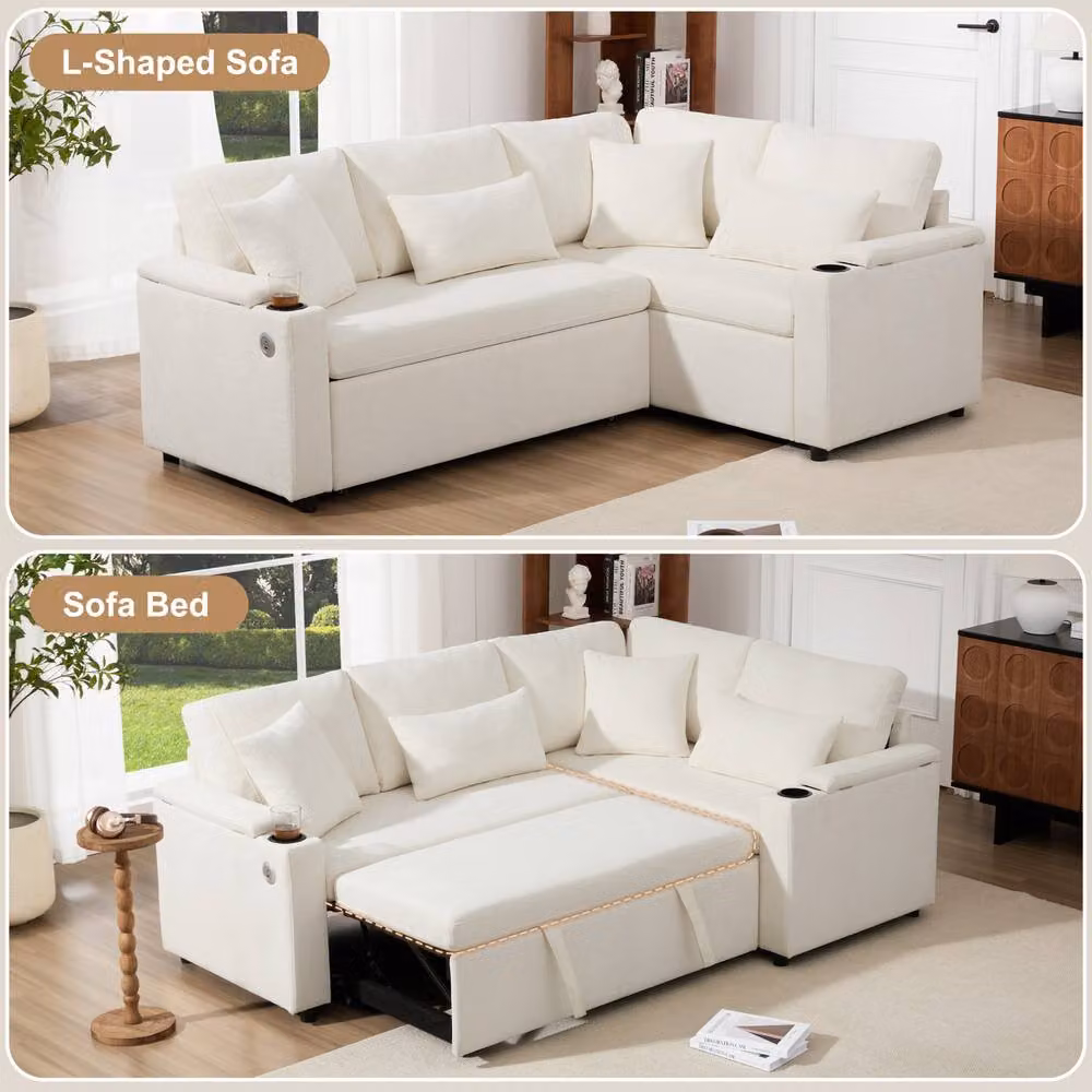 Rolipo Beige L-Shaped Corner Sofa Bed with Storage and USB Charging Port – 2