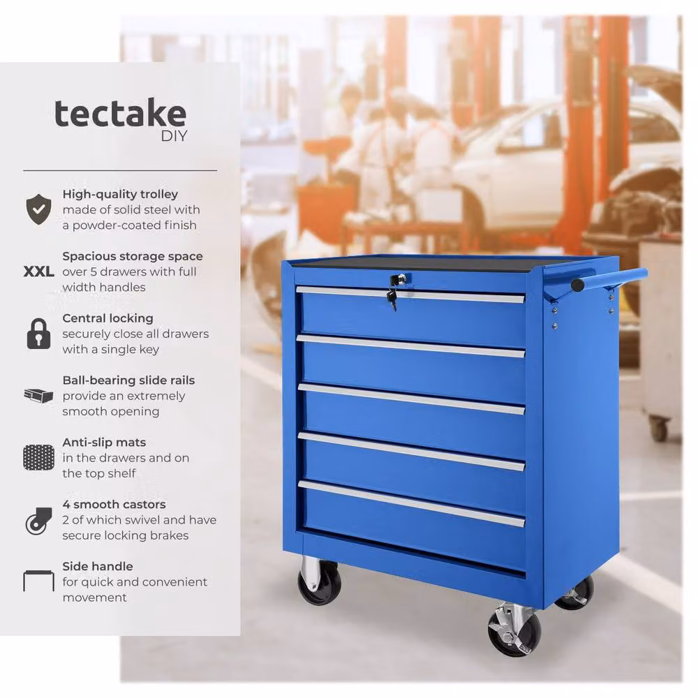 tectake Lockable and Rollable Tool Chest in Blue – 2