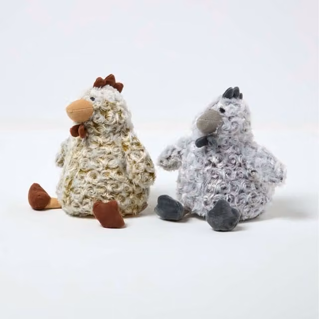 Homescapes Luxury Fabric Chicken Doorstop Set of 2 in Grey, White, Brown and Multicolour