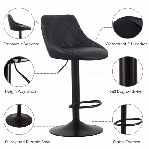 mcc direct Stanley Set of 2 Black Faux Leather Swivel Bar Stools with Backrest and Metal Base – 5