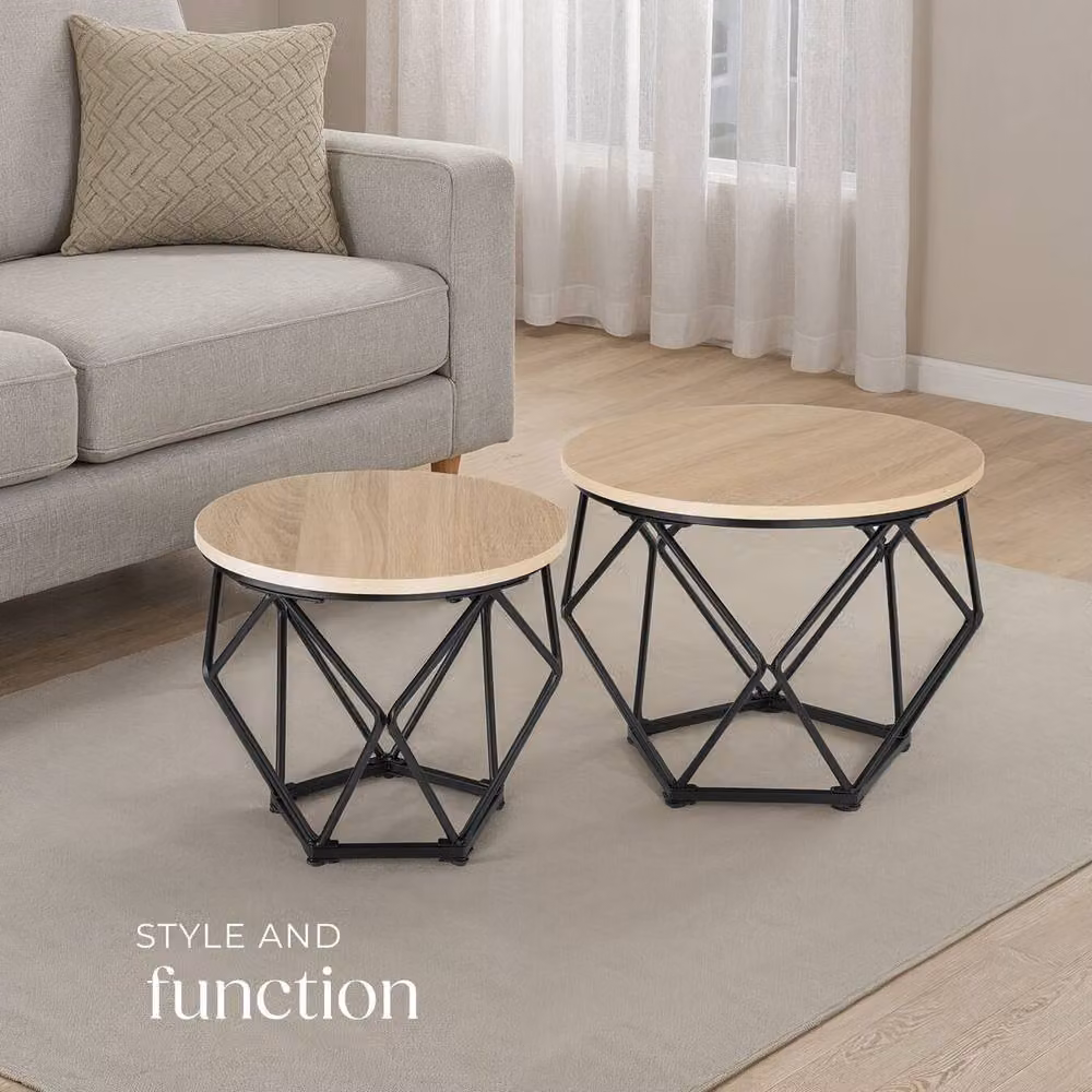 tectake Benham 2-Piece Round Nested Coffee Table Set in Light Oak and Black – 6