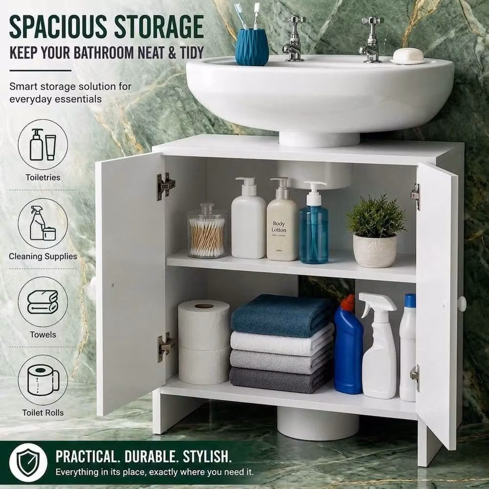 FORGEVIO Modern White Under Sink Bathroom Storage Cabinet with Internal Shelves and Hinged Doors, W/D/H: 60.0 x 30.0 x 48.0 cm – 3