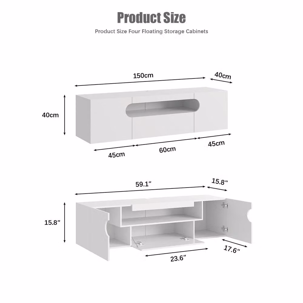 KEEPREAPER Sleek Floating TV Stand with LED Light and Storage Cabinet in White – 2
