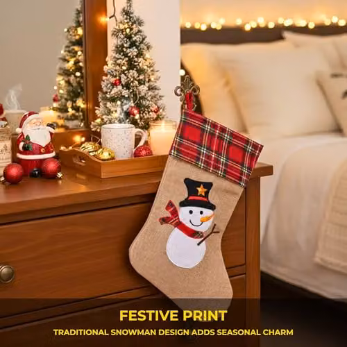 Shatchi Brown Snowman Christmas Stocking, Rustic Burlap Hessian Hanging Sack, W/H: 26 x 25 cm – 5