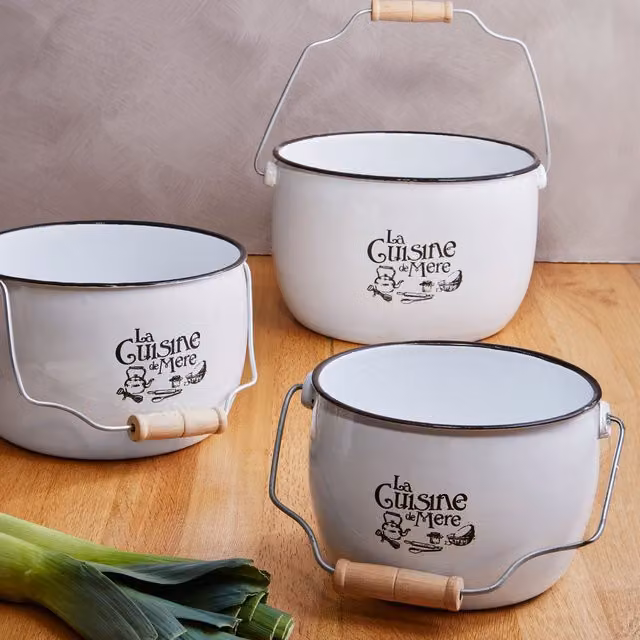 Orsina Set of 3 White Enamel Storage Pots with Handles – 2