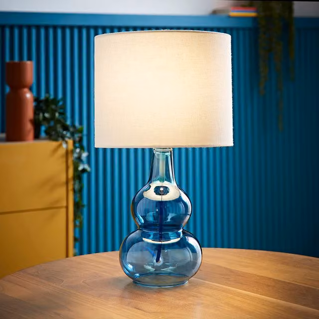 Aida Bubble Glass Table Lamp with Blue Linen Shade