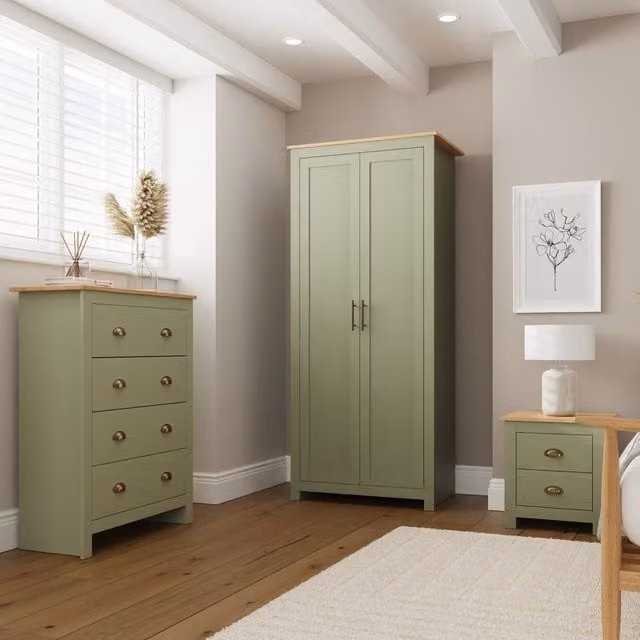 GFW Lancaster 3 Piece Bedroom Set in Sage Green Oak Wood and Metal