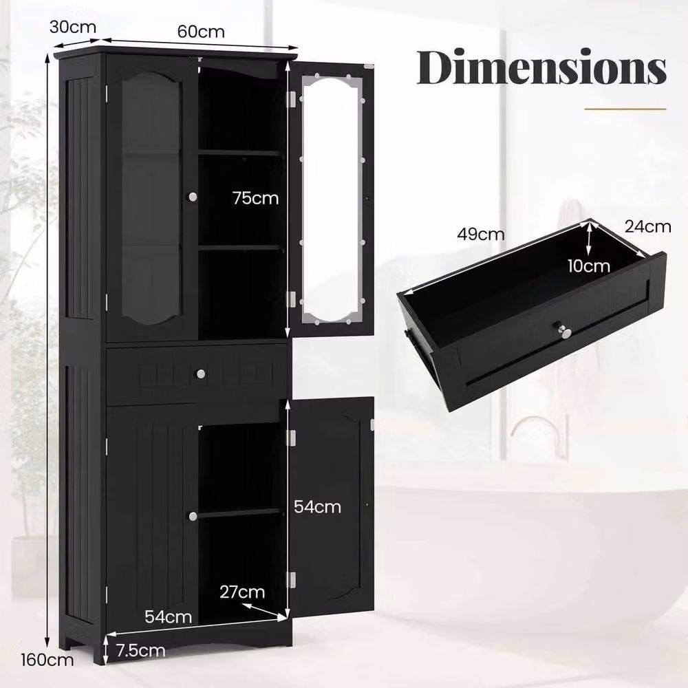 KORVIXA Modern Freestanding Black Linen Cabinet with Glass Doors and 2 Internal Shelves, W: 70 cm, H: 75 cm – 2
