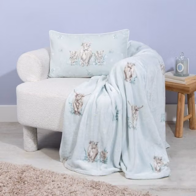 My Home Blue Highland Cow Printed Fluffy Fleece Throw
