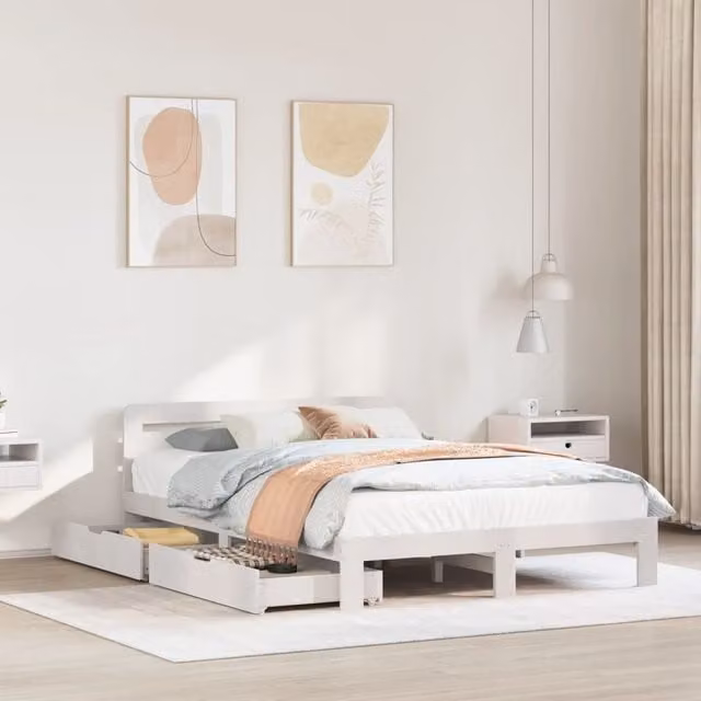 Berkfield Home King Size Solid Wood Pine Bed Frame with Drawers, White, W: 150 cm, D: 200 cm