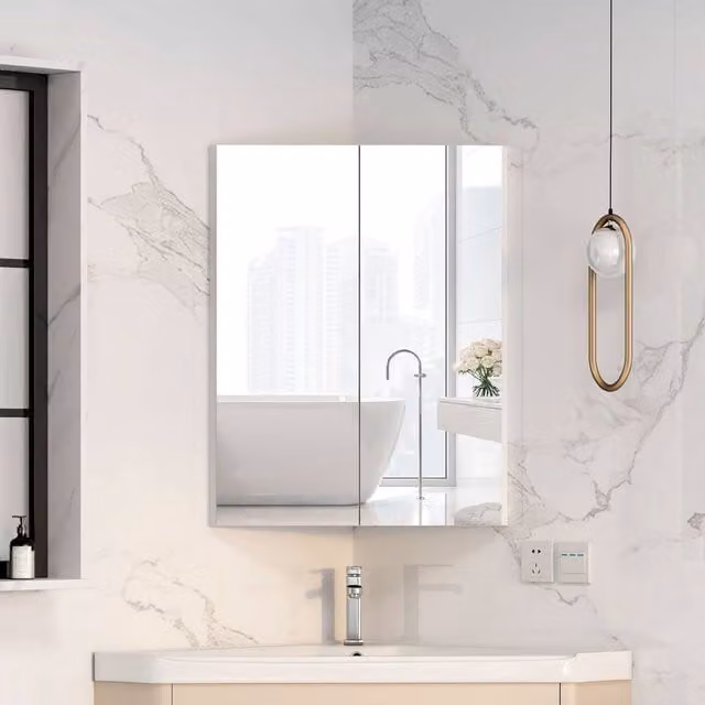 KEEPREAPER Modern White Corner Bathroom Cabinet with Mirror, W: 47 cm, H: 60 cm