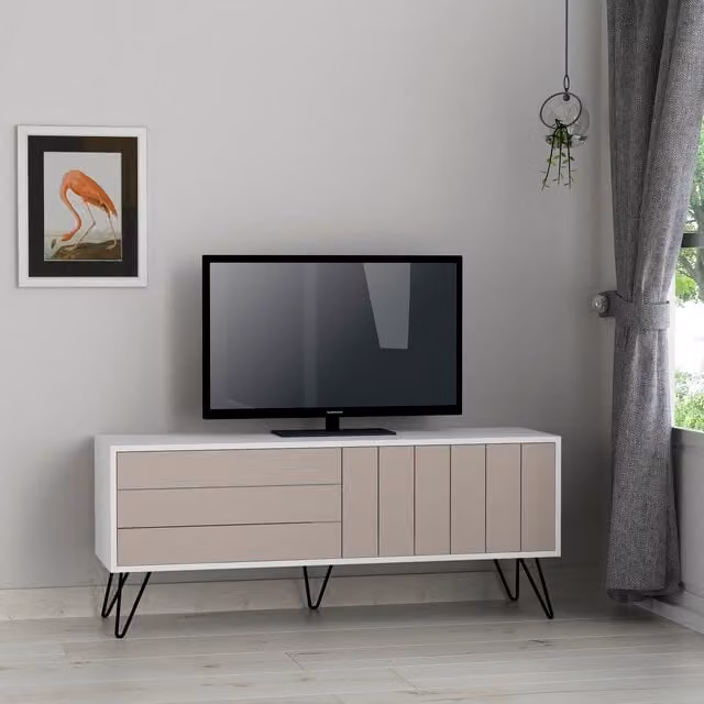 Decortie Modern Picadilly TV Stand in White, Grey and Brown with Metal Accents