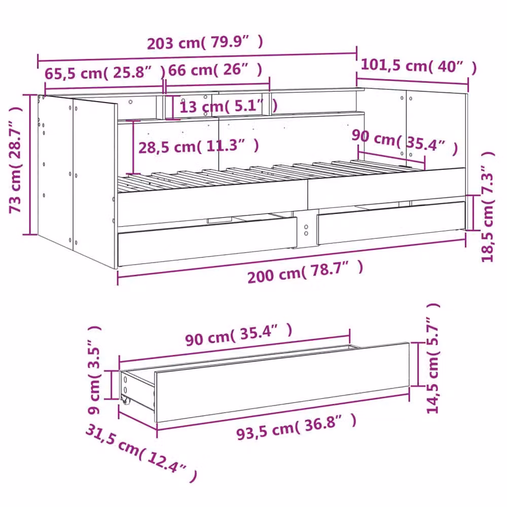 Berkfield Home Daybed with Drawers in Smoked Oak, Brown, W/D/H: 90 x 200 cm – 6