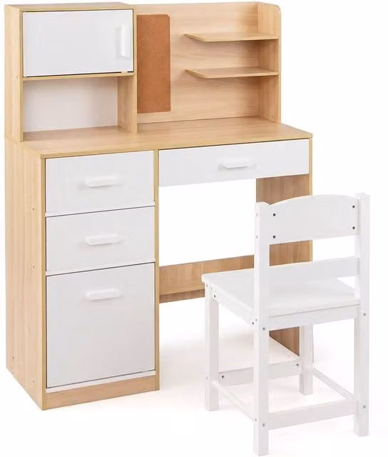 CASART Kids Wooden Desk and Chair Set with Hutch in Natural Pine
