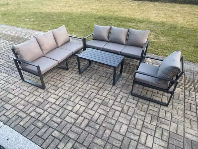 Fimous 7 Seater Aluminium Garden Furniture Set in Dark Grey with Outdoor Sofa, Armchairs and Coffee Table