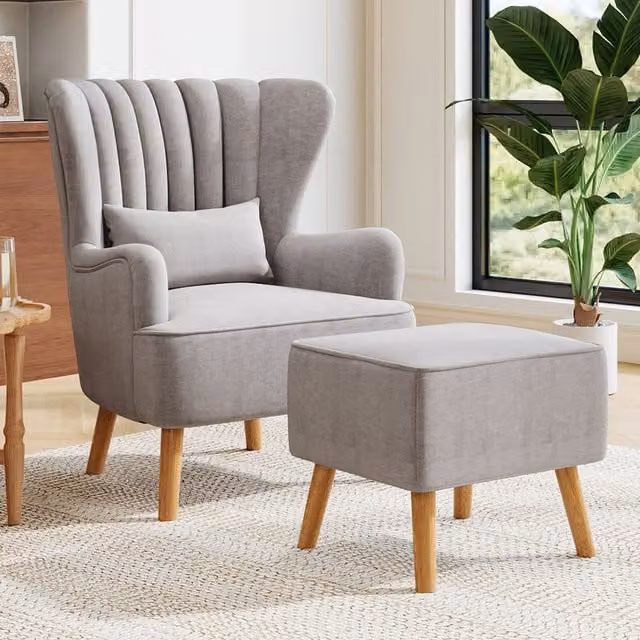 Komore Mid-Century Fabric Upholstered Armchair and Matching Footstool in Grey
