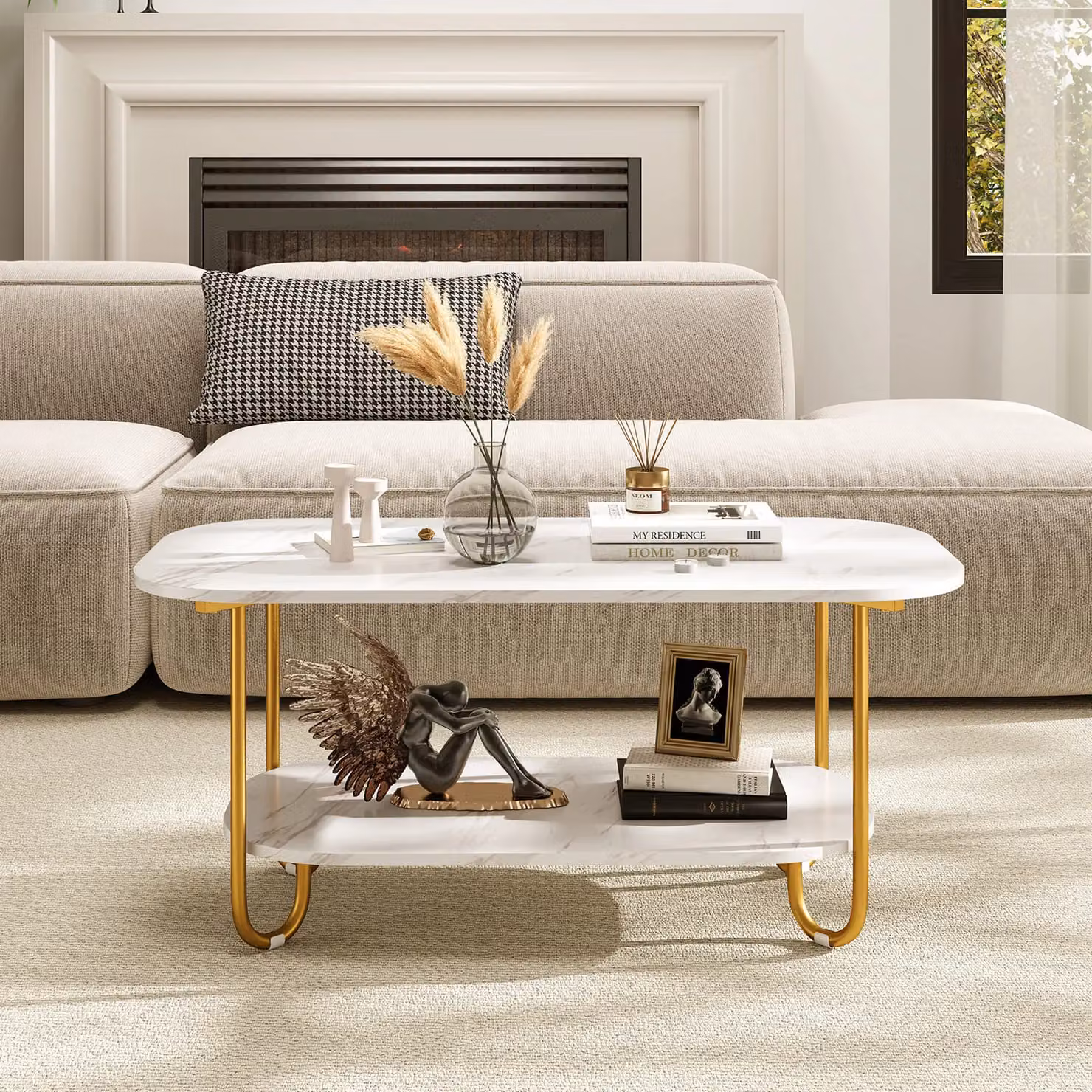Gymax 2-Tier Modern Faux Marble Top Console Table in White and Gold – 3