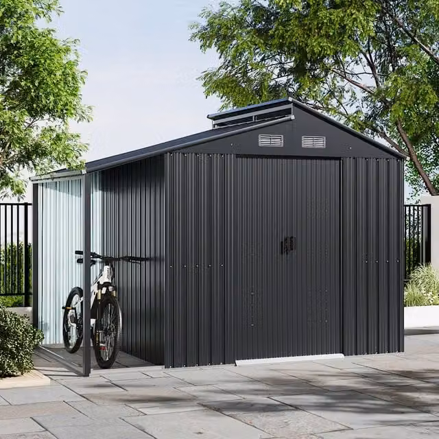 Breeins Modern Metal and Steel Outdoor Storage Shed with Lean-to in Matt Black