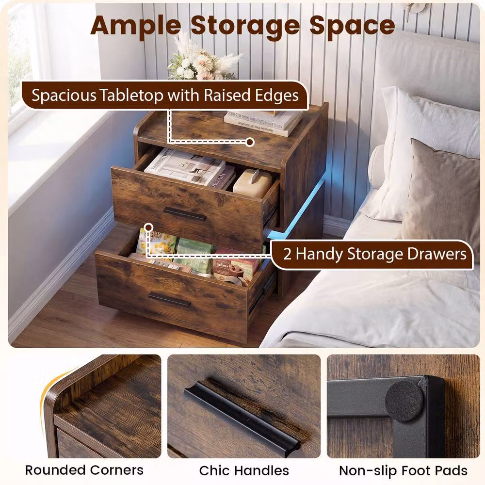 Gymax Brown Semi-floating Bedside Table with Charging Station and LED Lights – 7