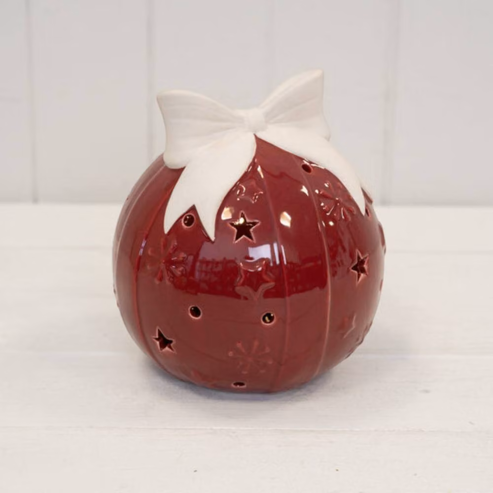 Four Candle Traditional Red Ceramic Christmas Bauble with Bow – 2