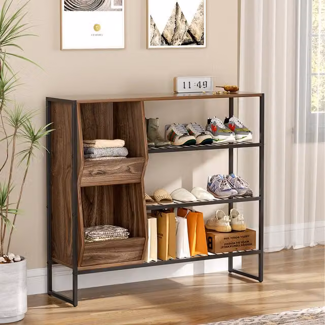 Komore Three-Tier Modern Shoe Rack in Brown and Black