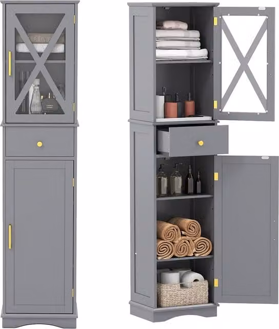 Gymax Freestanding Tall Narrow Storage Cupboard with Glass Doors in Grey and Gold