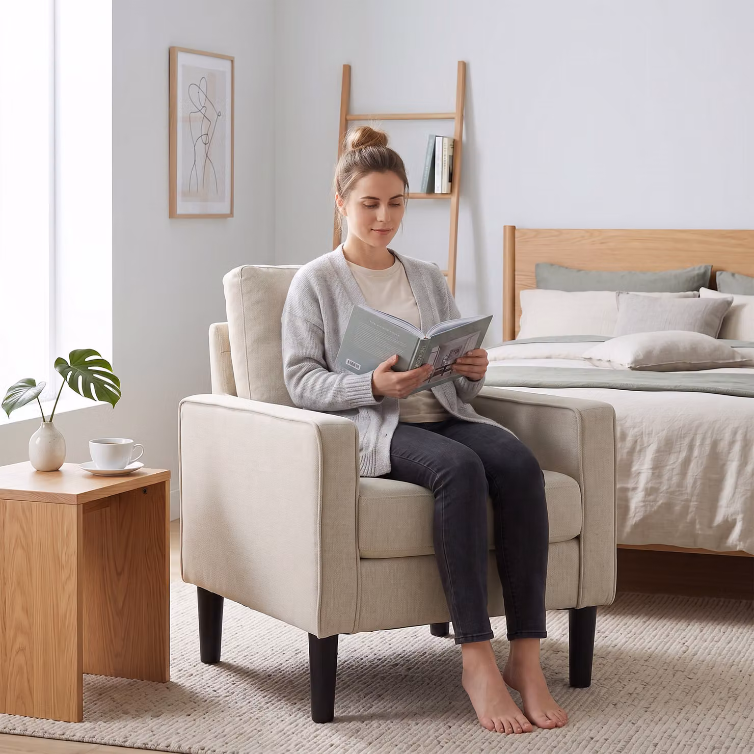 HOMCOM Beige Fabric Accent Tub Armchair with Spring Cushion and Armrests, H 84 x W 75 x D 68 cm – 4