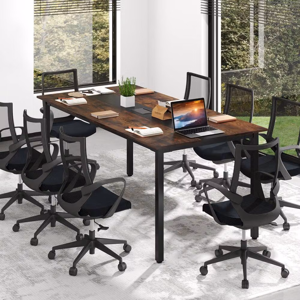 Gymax Brown Rustic Rectangular Conference Meeting Table with Cable Management, W: 90 cm x L: 180 cm – 5