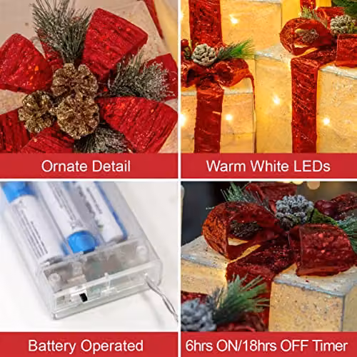 The Christmas Workshop Set of 3 Light-Up Christmas Boxes with Red Bow, White and Red, featuring 65 Warm White LED Lights and Timer Functionality – 3
