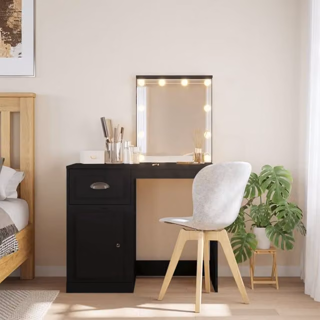 Berkfield Home Hollywood LED Dressing Table in Black, W/D/H: 90 x 42 x 132.5 cm