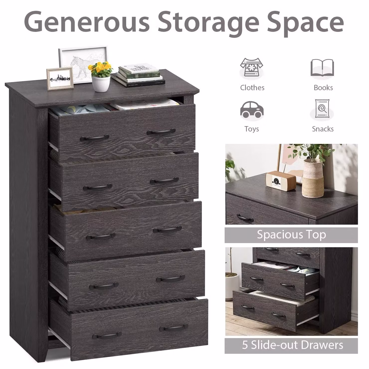 Costway 5 Drawer Vertical Wooden Chest of Drawers and Storage Organiser in Grey – 5