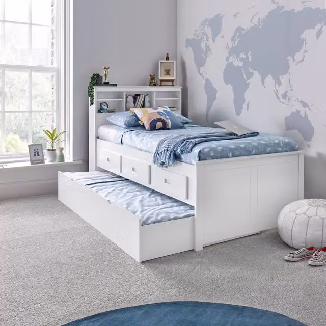 Bedmaster Veera Single Guest Bed in White with Drawers and Spring Mattress, W/D/H: 90 x 190 x 101.5 cm