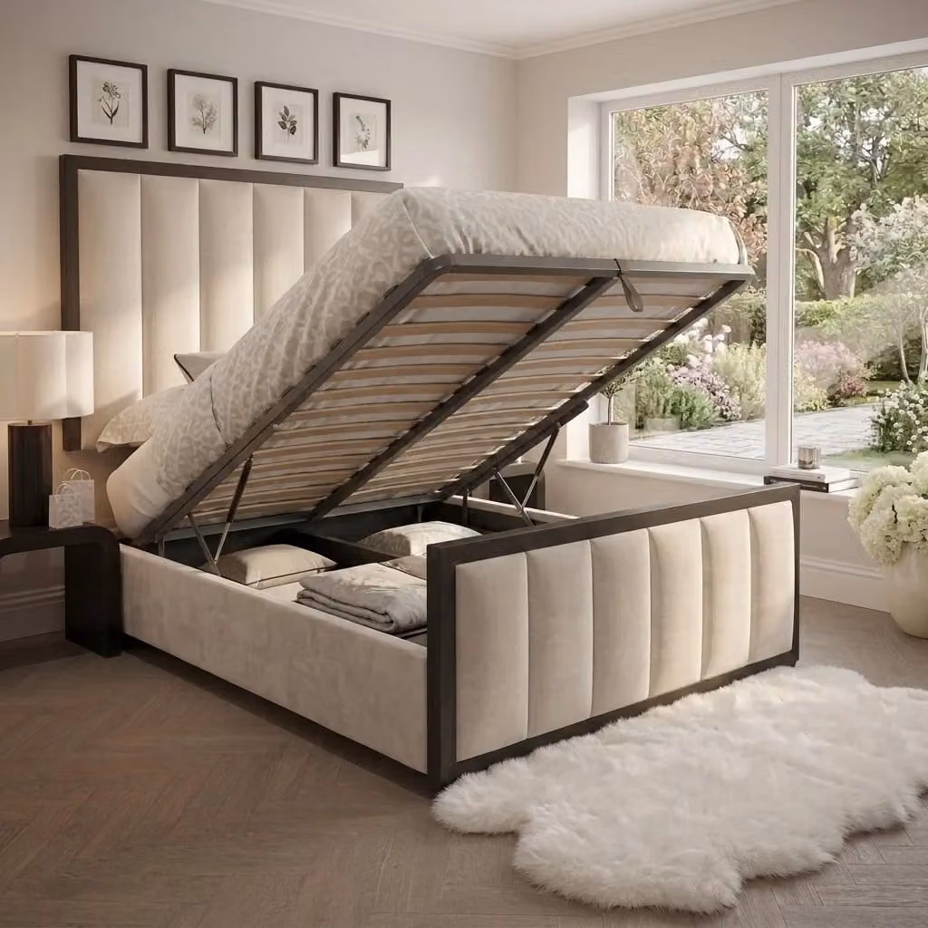 Bedsnk Ltd Cannes Modern Upholstered Bed Frame with Lift Up Base in Beige