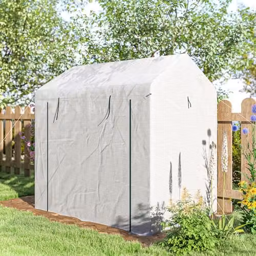Outsunny Walk-in Greenhouse with Mesh Windows and Roller Door, White, W/D/H: 140 x 140 x 200 cm – 5